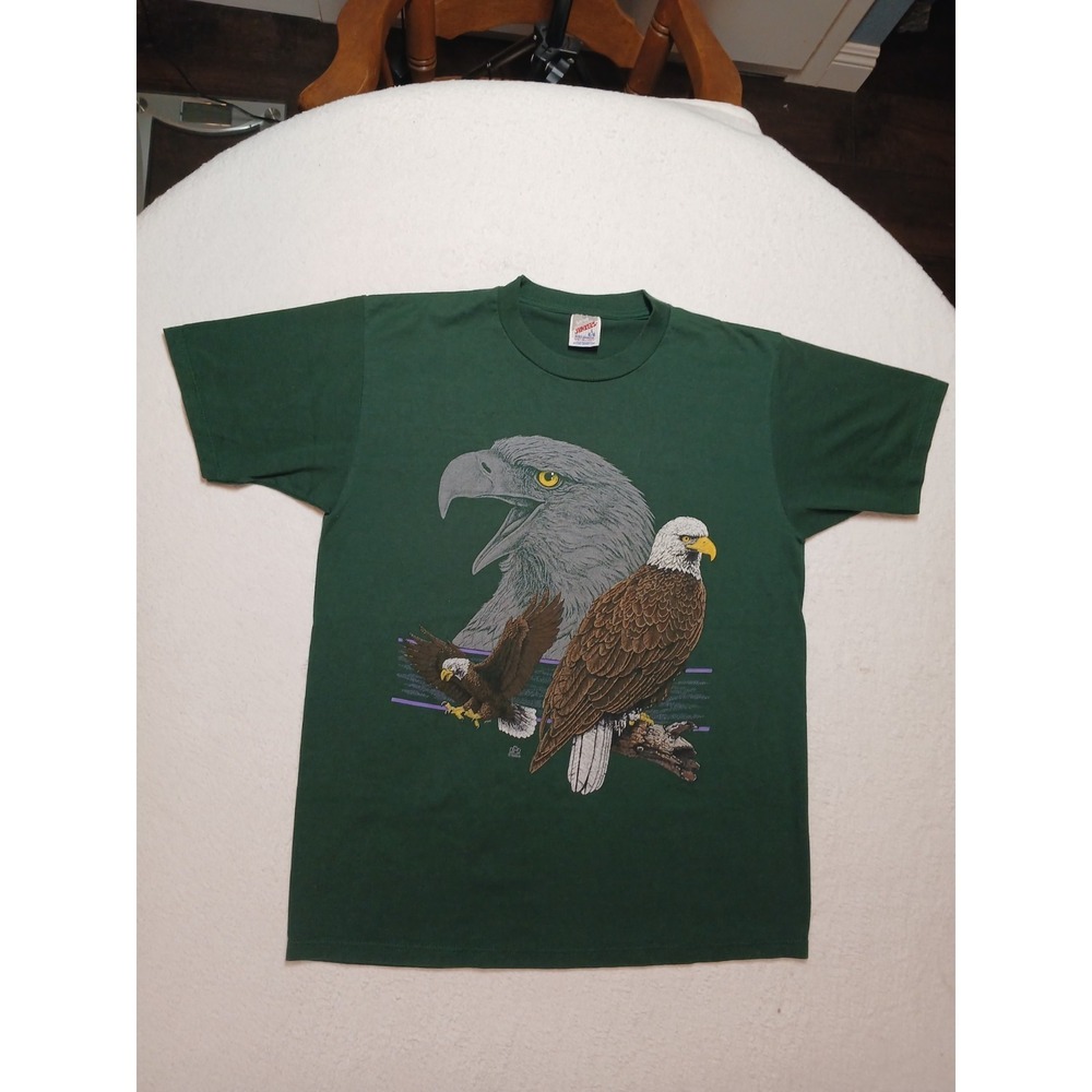 Vintage 90s Jerzees 50/50‎ Green Bald Eagle T-Shirt Made In USA Size L Rare